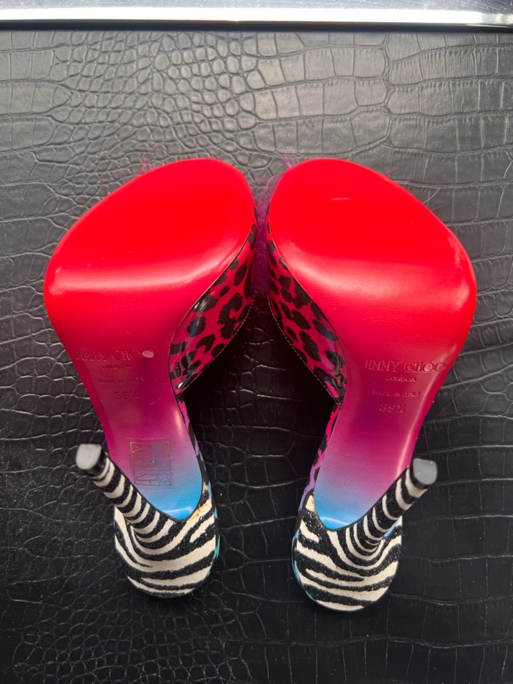 Jimmy Choo Rob Pruitt Zebra Glitter Multicolor Patent Leather Slides Mules - Picture 6 of 11